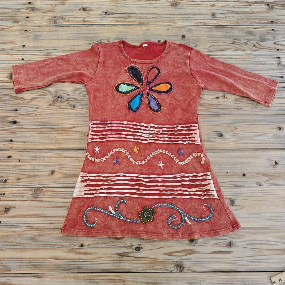Women's Red Boho Tunic Hippie Artistic Fairy Top Size S-M Made In Nepal